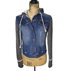 Women's Denim Hooded Jean Jacket Knit Distressed Button Up XS